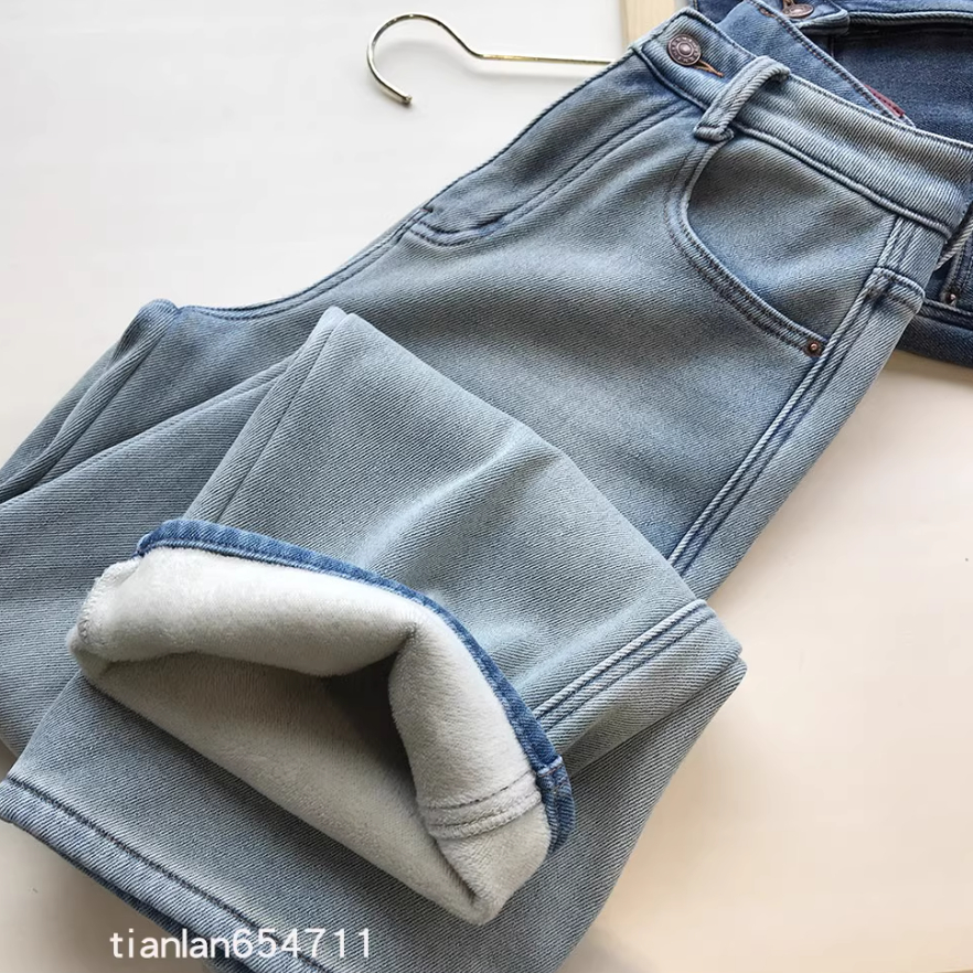 一条过冬~雪莉兹！柔软舒适加厚加绒垂顺显瘦高腰直筒阔腿牛仔裤