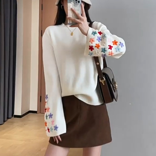 WTHEONE精致新中式刺绣提花喇叭袖精纺荃羊毛针织衫毛衣2025秋