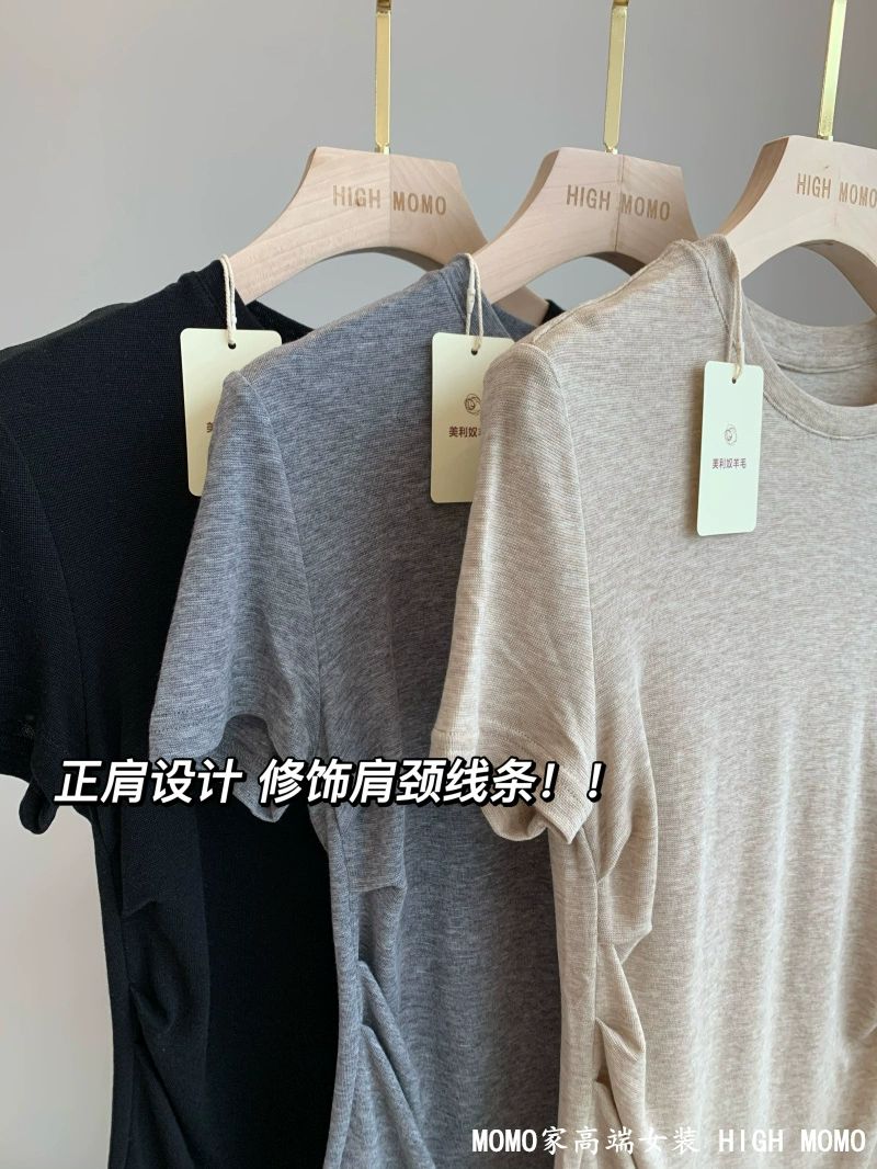 天丝羊毛T恤 不规则褶皱收腰圆领短袖女纯色休闲打底上衣春夏2024