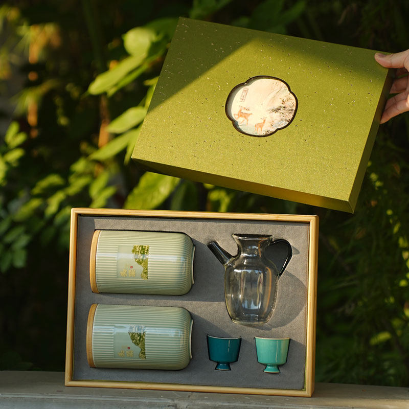 2025年款竹盒陶瓷茶叶包装盒加茶具明前龙井碧螺春绿茶礼盒装空盒
