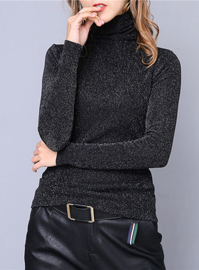 高领打底衫2026春季女士亮丝黑色t恤修身闪光丝内搭加绒网纱上衣