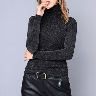 闪光丝内搭加绒网纱上衣 女士亮丝黑色t恤修身 高领打底衫 2025秋季