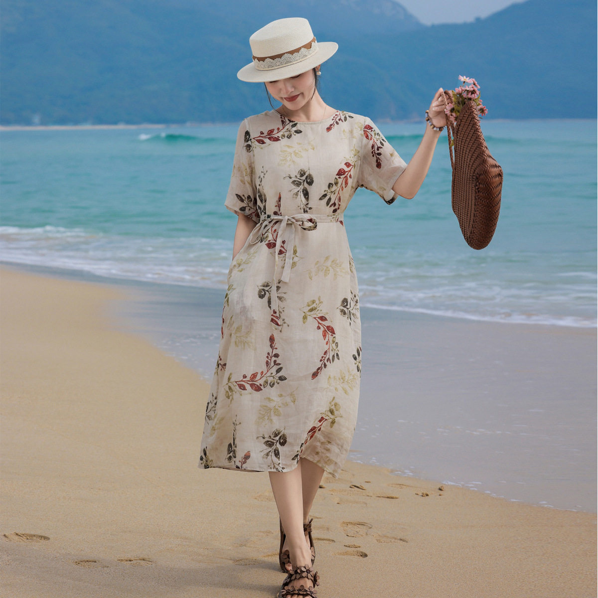 海茉 花样年华 苎麻印花棉内衬长款系带连衣裙 中年女人中袖长裙
