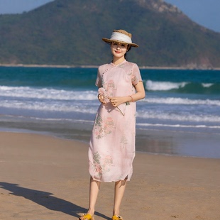 海茉 春夏新款苎麻刺绣女装 旅行国风立领中袖短袖中长款连衣裙女