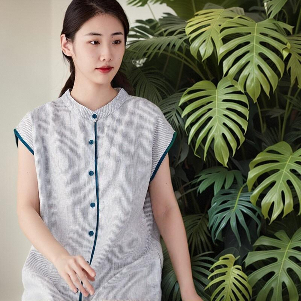 南韵 月出皎兮 进口亚麻连衣裙复古衬衣裙知性文艺短袖条纹新中式