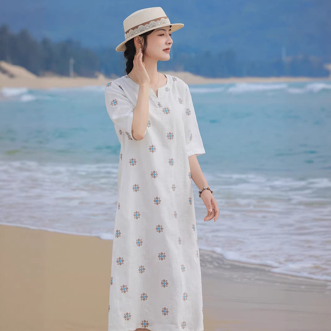 滔语 100纯亚麻 春夏中式连衣裙中年50岁五分袖刺绣长款禅意茶服
