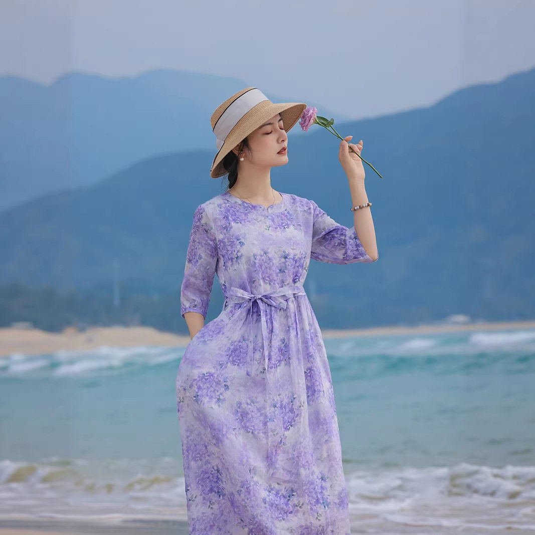 滔语时尚圆领新中式苎麻连衣裙五分袖印花中长款宽松显瘦a字裙女