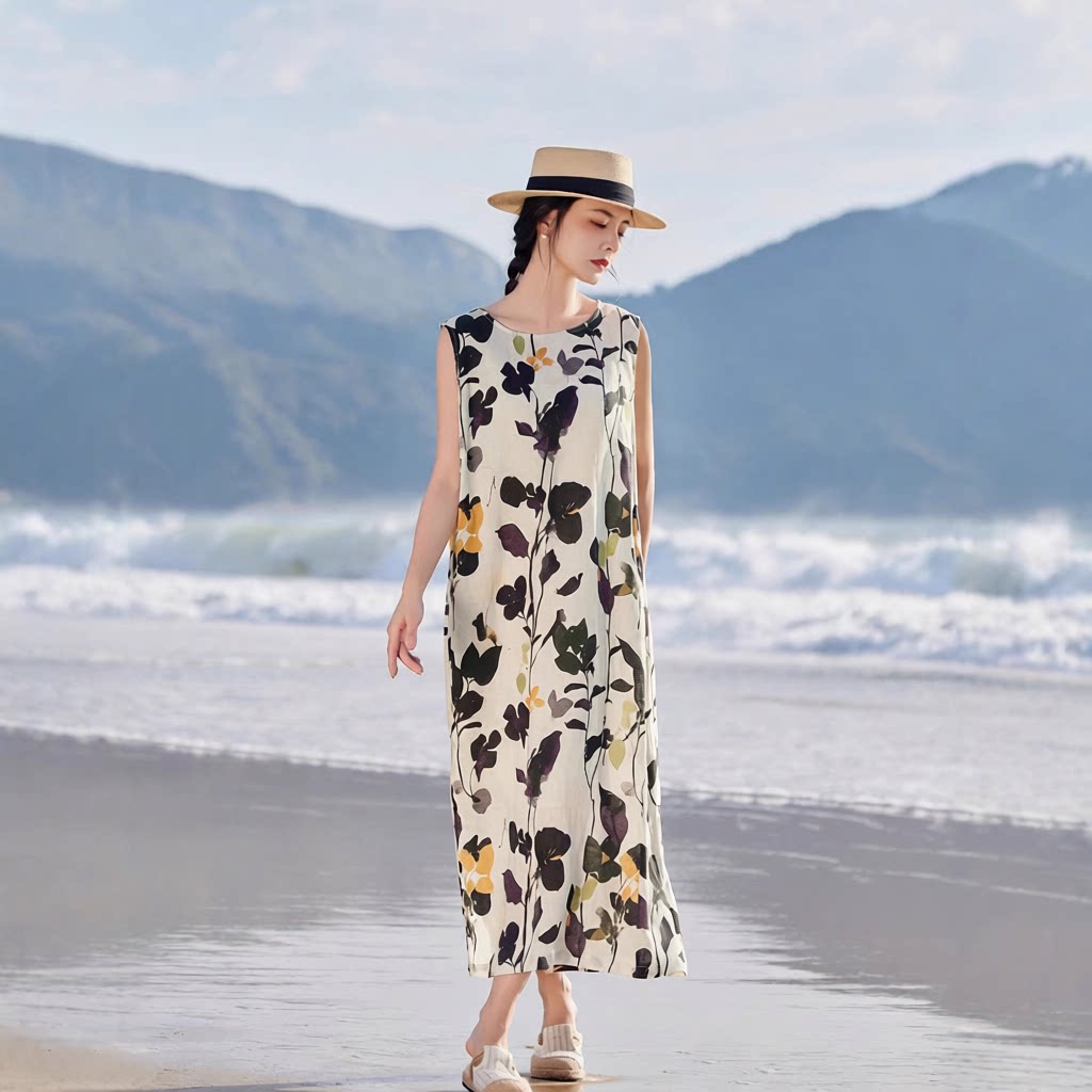 海茉 夏新款原创女装 松弛自在海边度假亚麻印花长裙无袖连衣裙