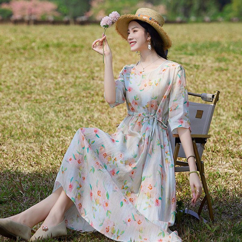 滔语 夏季系带碎花裙收腰显瘦a字大码女装苎麻连衣裙女花朵印花