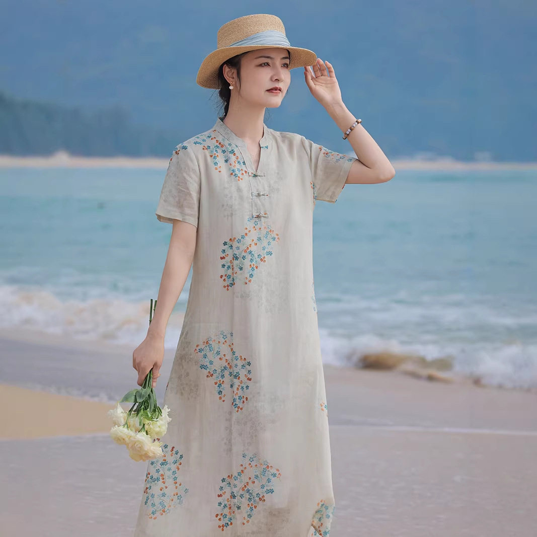 滔语 V领盘扣新中式苎麻连衣裙五分袖清新印花中长款禅意佛系茶服