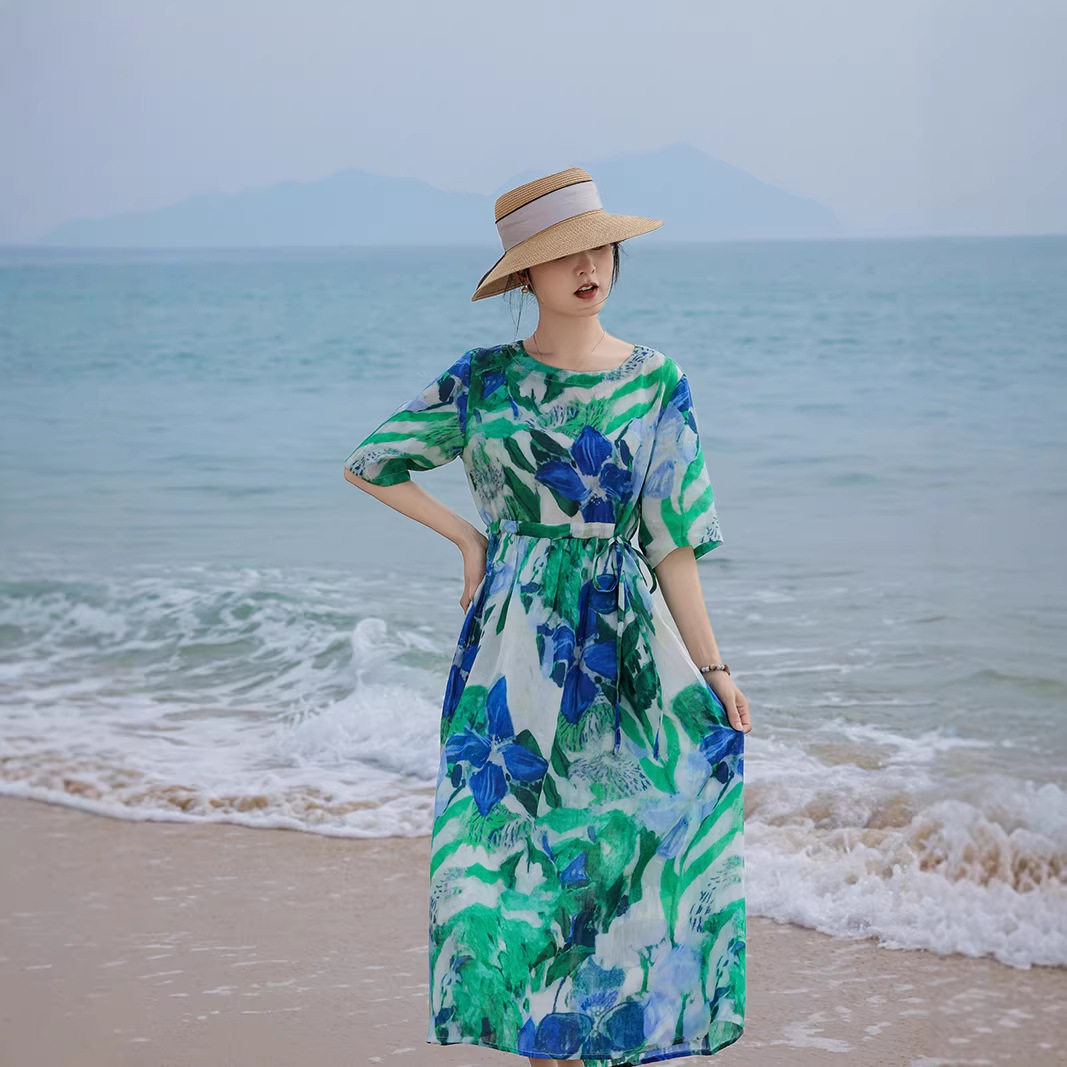 滔语 油画风夏季苎麻印花中长款圆领中年妈妈年轻款洋气连衣裙