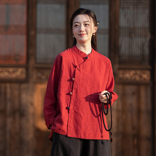 盈 禅意佛系上衣 秋季棉麻女装复古立领偏襟砂洗盘扣长袖女式衬衫