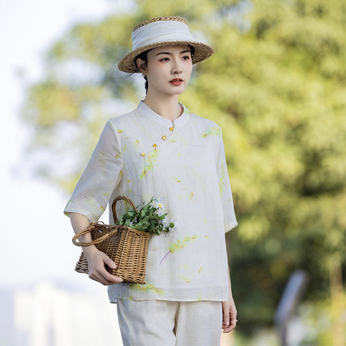 滔叙中国风复古植物花卉立领新中式斜襟盘扣衬衫苎麻印花上衣宽松