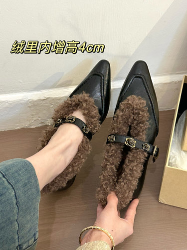titing半旬山茶！复古尖头拼接内增高玛丽珍鞋女秋冬加绒毛毛单鞋