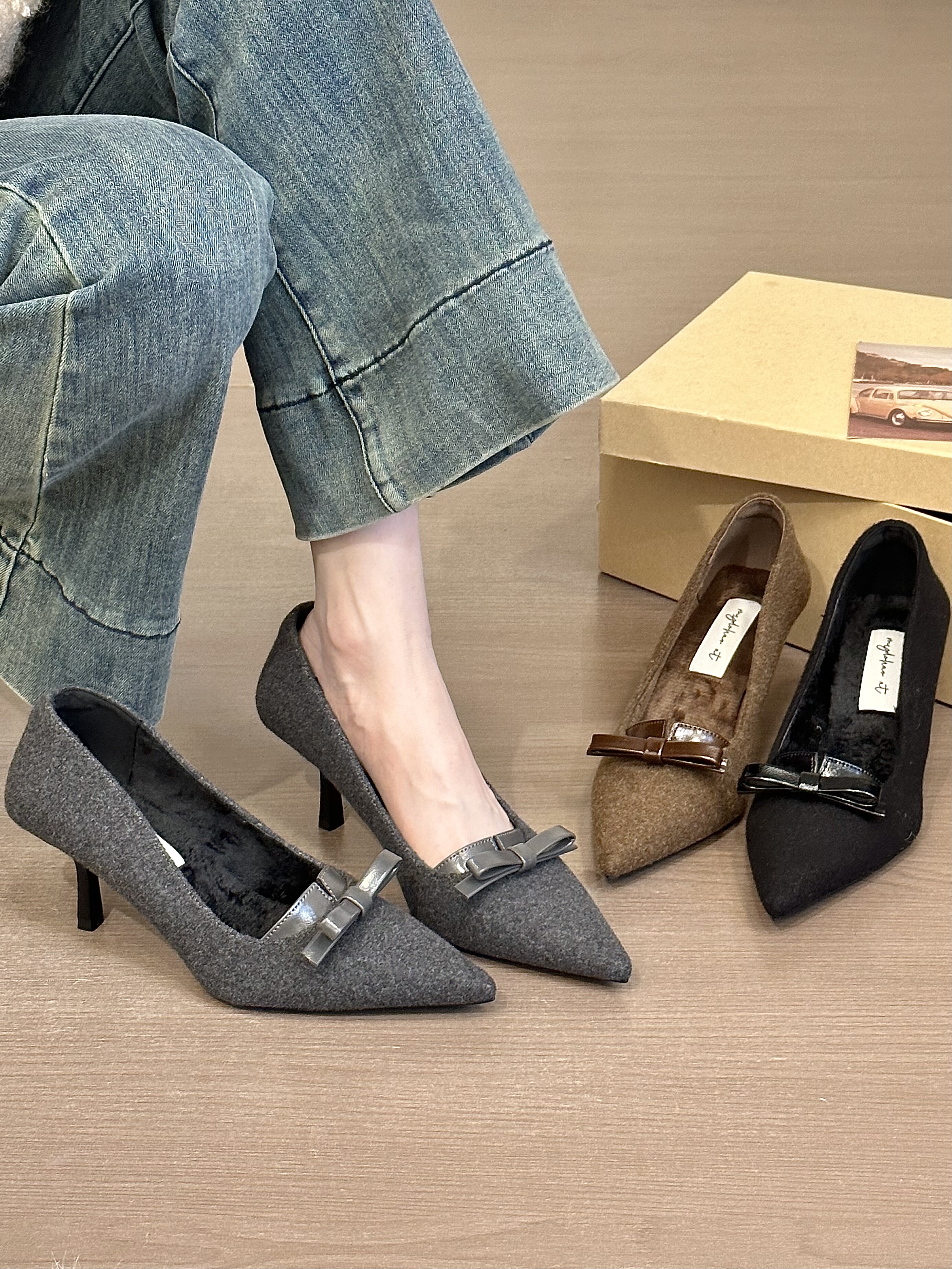 titing气质名媛！呢子尖头蝴蝶结细跟单鞋女冬韩版通勤加绒高跟鞋