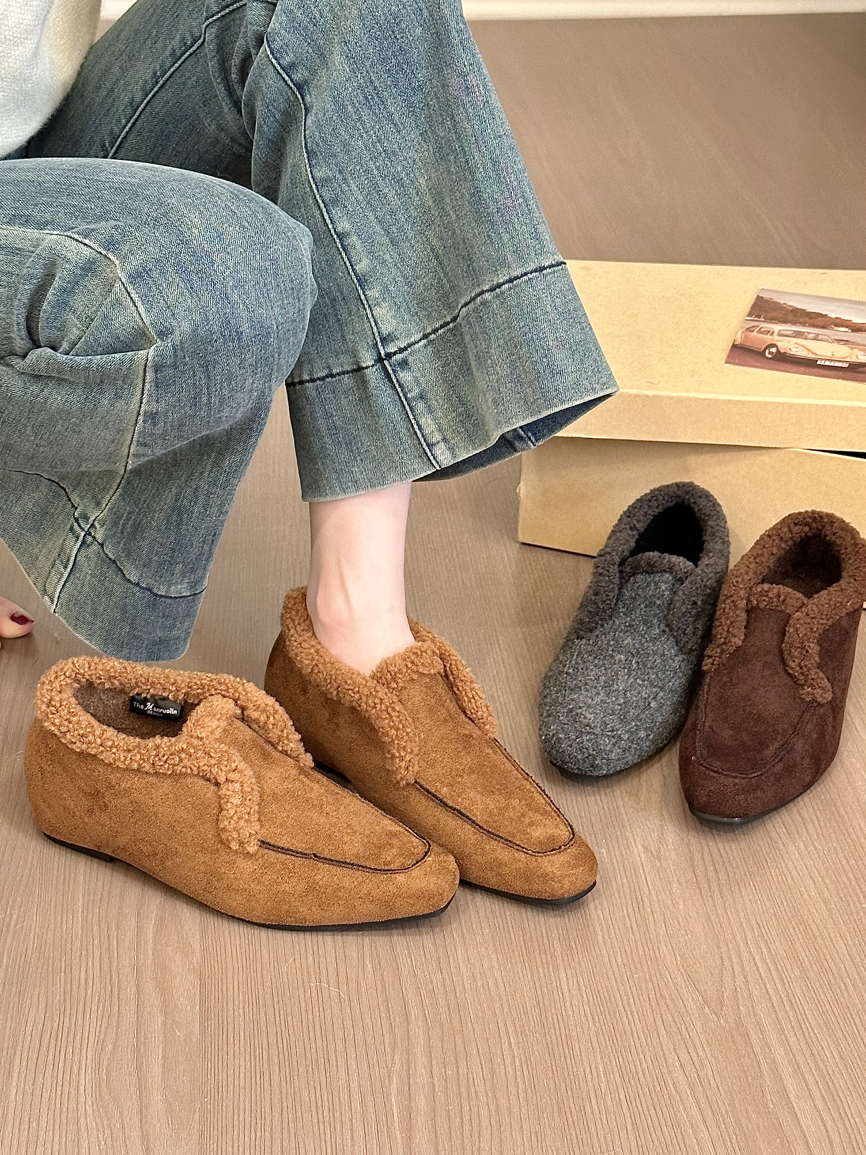 titing冬季摩卡色！复古绒面方头翻毛乐福鞋女冬加绒内增高单鞋