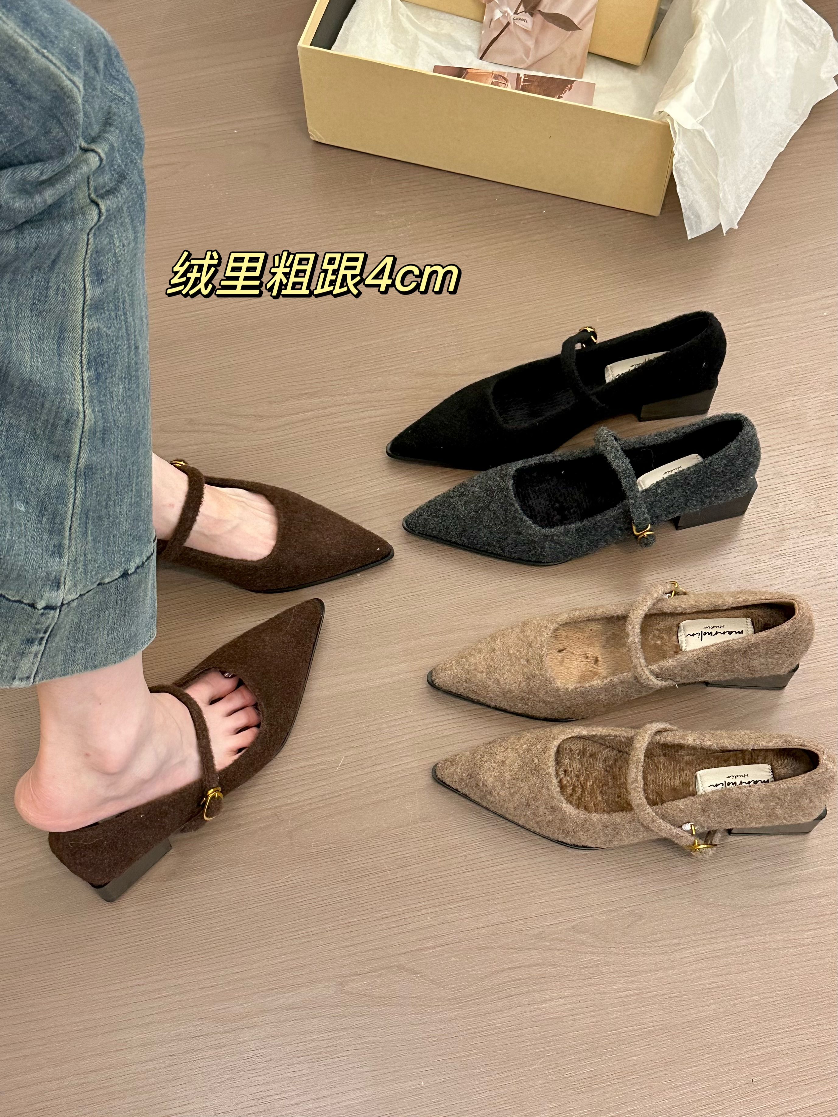 titing富家小女！复古绒面尖头一字带粗跟玛丽珍鞋女秋冬加绒单鞋