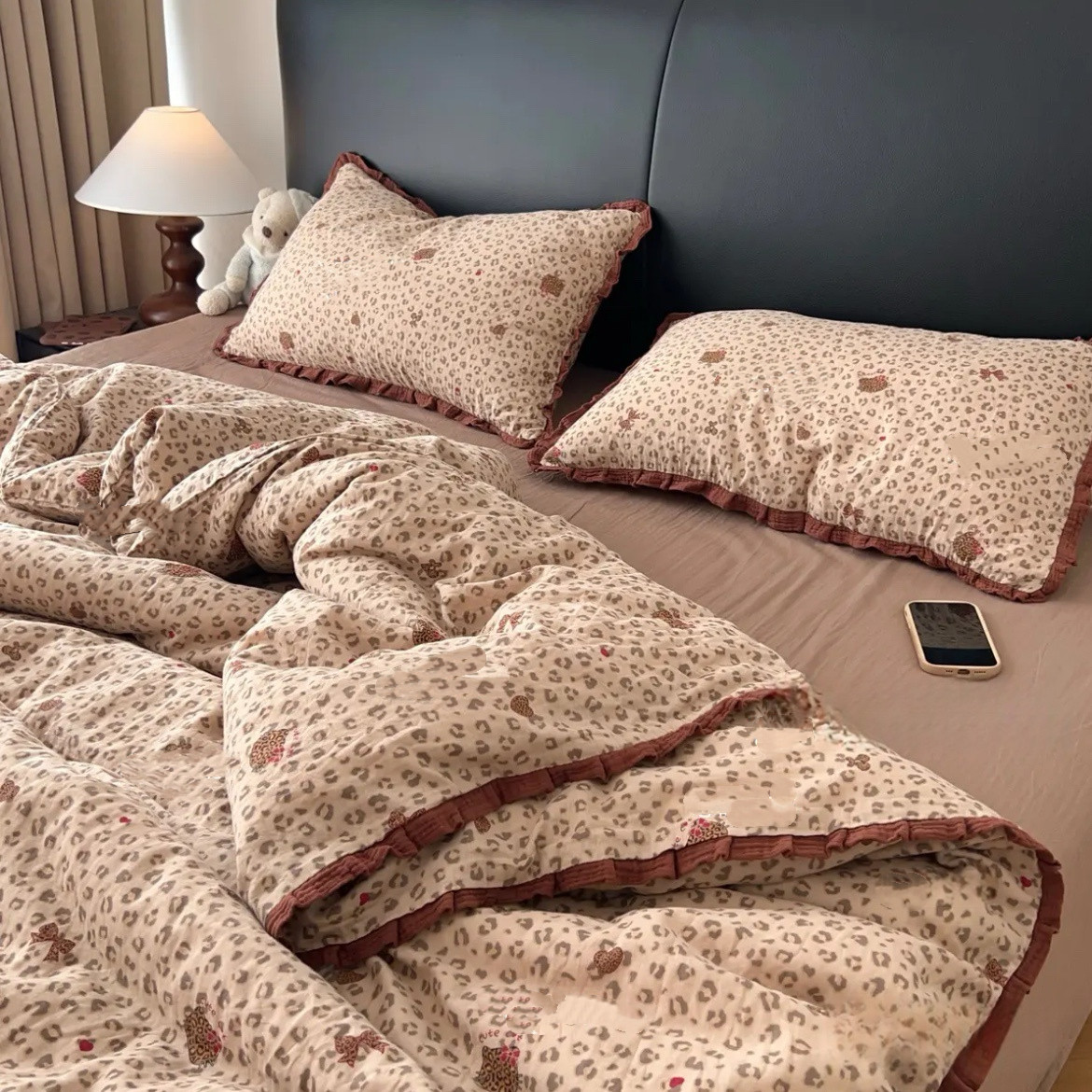 ins卡通全棉双层纱四件套纯棉可爱皱皱边被套床单学生宿舍三件套