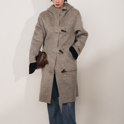 【sweet大婷】MPAM秋冬牛角扣大衣女中长款连帽韩系毛呢外套