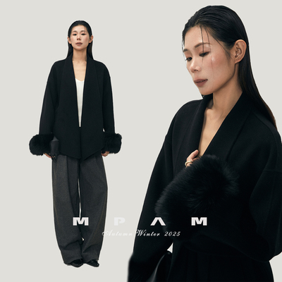 MPAM袖口可拆卸狐狸毛绵羊毛双面呢大衣女显瘦秋冬新款毛呢外套