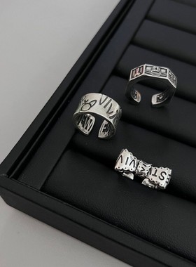 s925纯银西太后朋克冷淡风做旧土星中古戒指薇薇安时尚黑色爱心星