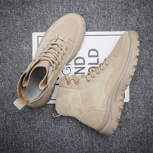 马丁靴男户外鞋舌一体防土沙漠靴休闲帆布工装靴高帮徒步登山鞋子