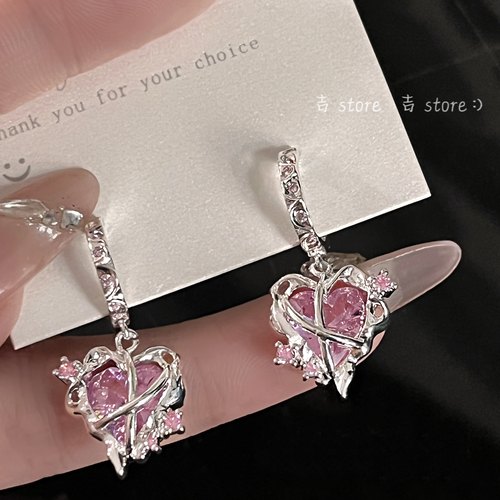 吉吉 爱神降临 敲有质感锆石金属粉色爱心925银镀真金防过敏耳钉