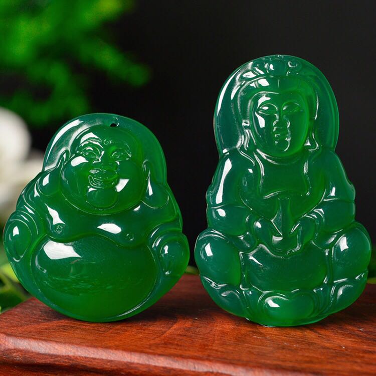 精雕天然冰种绿玉髓玛瑙观音佛情侣挂件吊坠