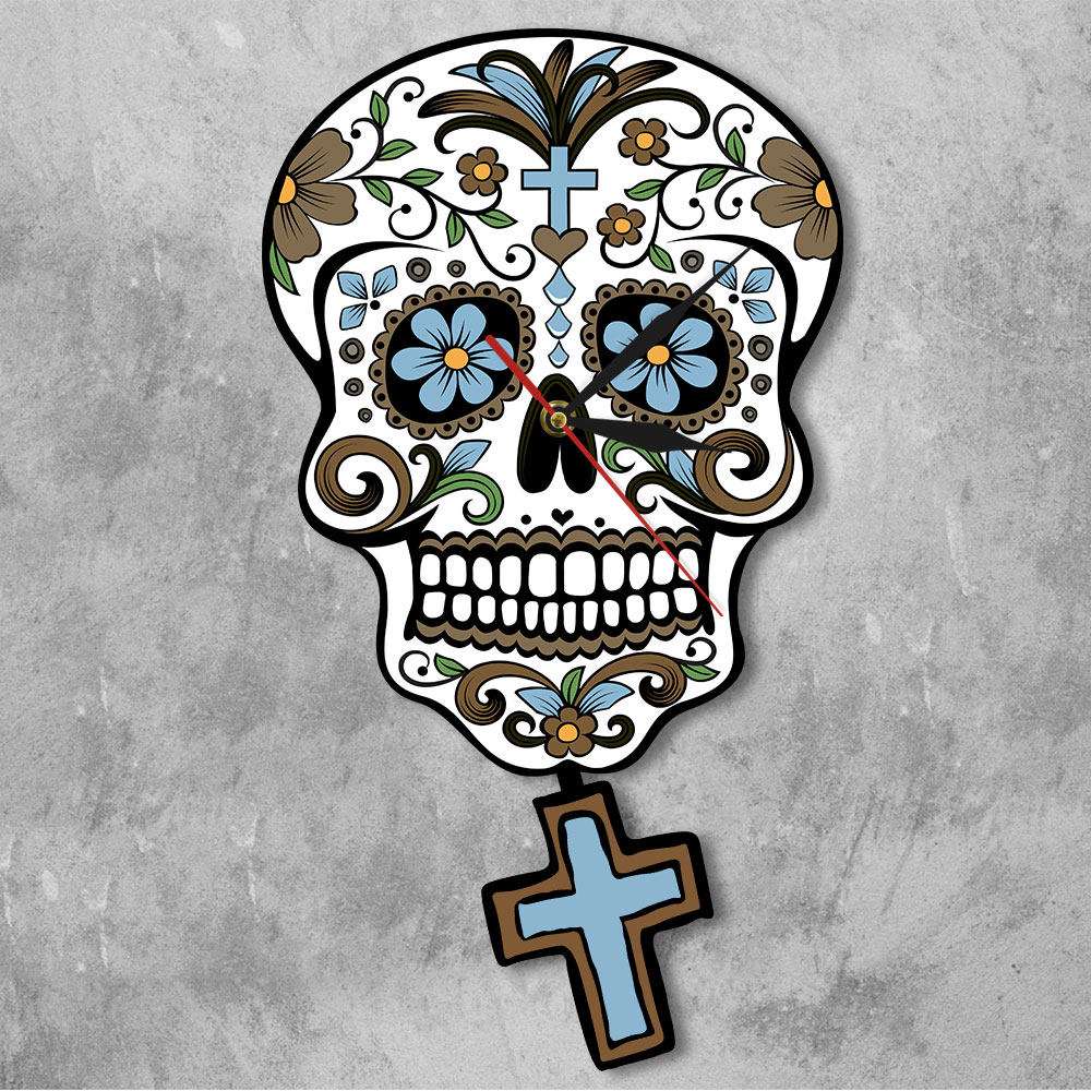 亡灵节花卉糖骷髅挂钟摆动十字架万圣节钟表装饰网红时钟创意定制