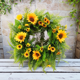 新款家居装饰墙面森系免打孔田园向日葵装饰仿真花藤圈花环仿真花