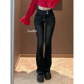 腿精裤 ～高腰包臀修身 超显身材微喇裤 SweetKiki 牛仔喇叭裤 做旧女