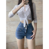美式 复古辣妹高腰牛仔短裤 包臀热裤 SweetKiki 欧美显瘦修身 弹力女