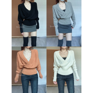 收腰气质百搭上衣长袖 交叉V领针织衫 轻熟风 掐腰小毛衣 SweetKiki