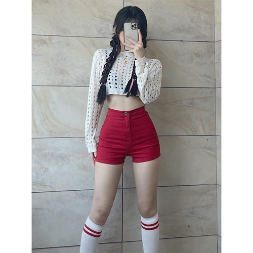 红色美式复古辣妹牛仔包臀短裤