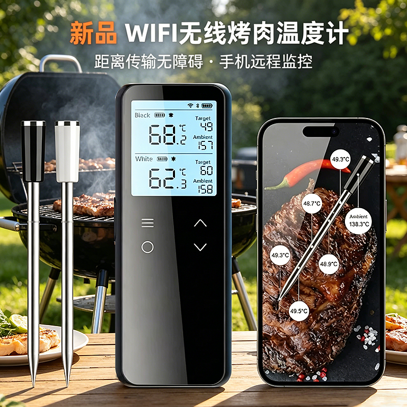 WIFI智能烧烤温度计蓝牙无线双针肉类温度计手机APP烤箱烤肉测温