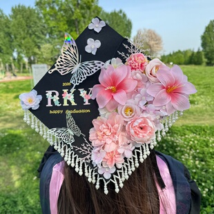 簪花学士帽手工diy材料包硕士毕业帽大学生毕业季拍照成品装饰
