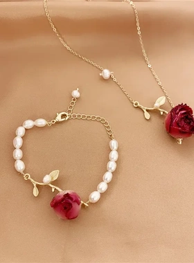 法式复古超仙气质田园风光树枝叶滴胶永生花真花淡水珍珠手链项链