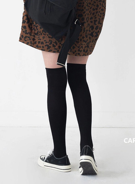 caras韩国进口袜子过膝女高筒棉袜春秋日系百搭黑色jk学院风中筒