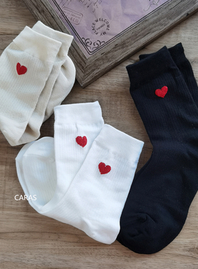 caras韩国进口爱心袜子女棉袜螺纹舒适高弹潮ins网红白色中筒袜