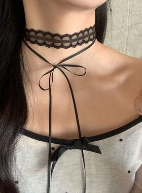 白色蕾丝choker蝴蝶结绑带项链复古甜美叠戴层次感颈链锁骨链项圈