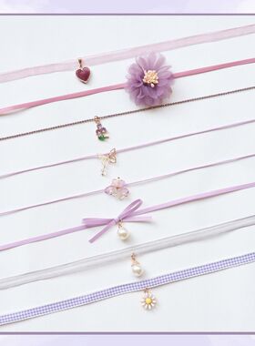 日韩饰品超仙女紫色花卉丝带合金吊坠项圈Choker颈链锁骨链项链女