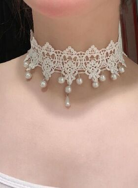 韩国复古超仙白色蕾丝珍珠吊坠项圈choker甜美温柔短款颈带锁骨链