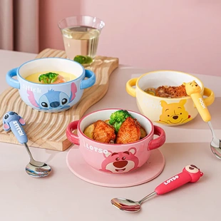 草莓熊儿童碗卡通陶瓷碗家用双耳碗可爱双柄碗宝宝辅食碗饭碗面碗
