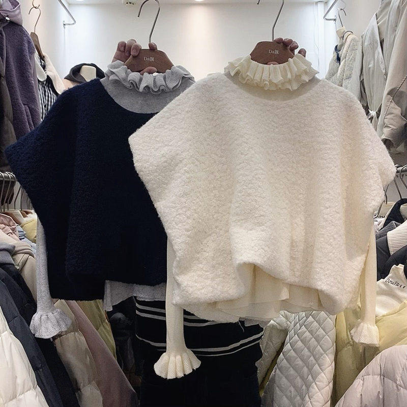 THIRTEEN LINES AUTUMN AND WINTER NEW LAMB WOOL T-SHIRT UNIQUE BEAUTIFUL LITTLE MAN SUIT WOMENS FUNGUS TRIM TOP TWO-PIECE SET