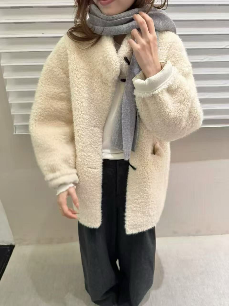 TR时尚25冬季新款韩版立领仿羊绒皮毛一体加厚保暖中长款毛绒棉服