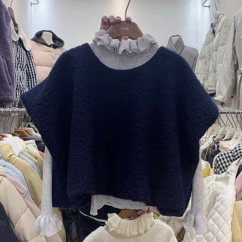 THIRTEEN LINES AUTUMN AND WINTER NEW LAMB WOOL T-SHIRT UNIQUE BEAUTIFUL LITTLE MAN SUIT WOMENS FUNGUS TRIM TOP TWO-PIECE SET