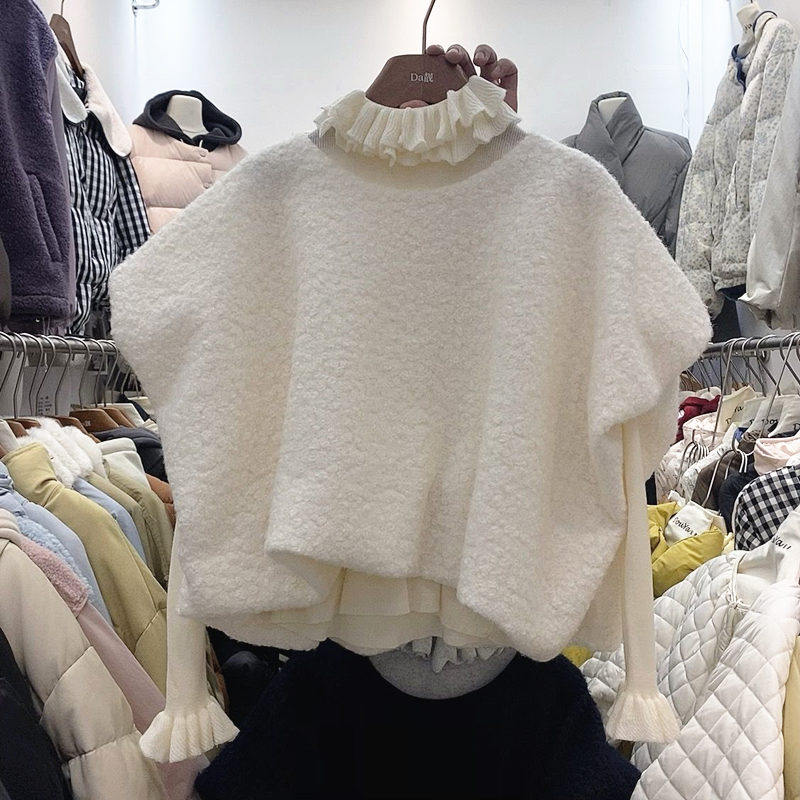 THIRTEEN LINES AUTUMN AND WINTER NEW LAMB WOOL T-SHIRT UNIQUE BEAUTIFUL LITTLE MAN SUIT WOMENS FUNGUS TRIM TOP TWO-PIECE SET