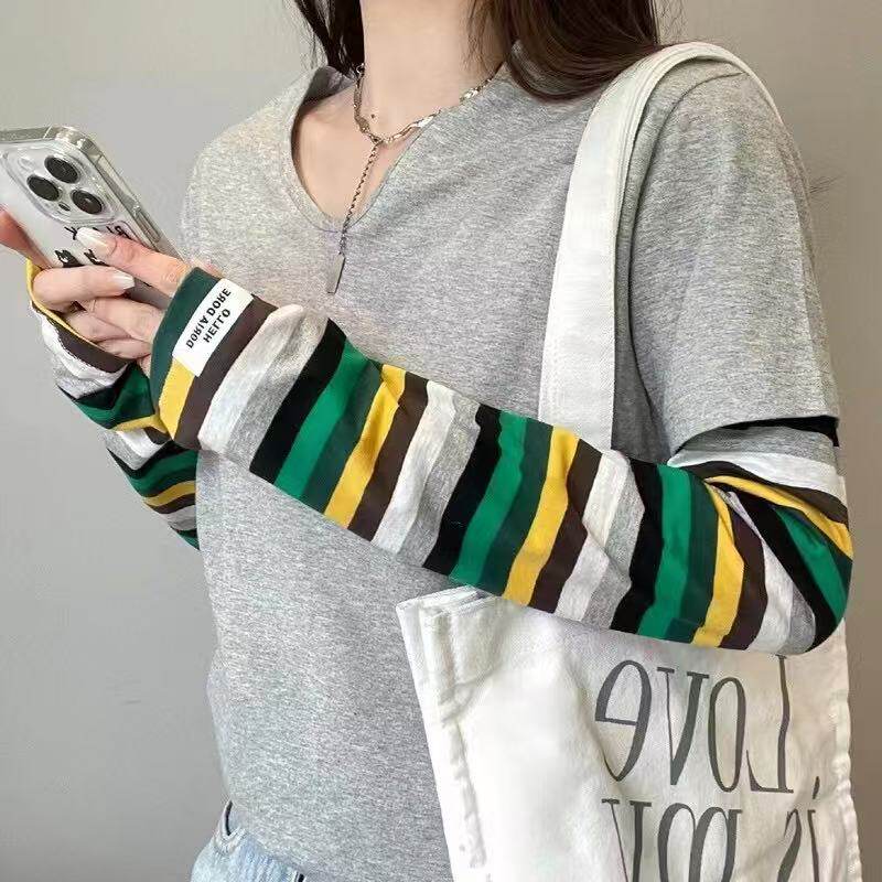 新款韩版条纹防晒袖套防紫外线护手臂套时尚百搭学生外出防晒袖套