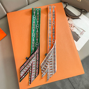 复古环扣春秋新款小丝巾女细窄双面长条领巾发带飘带绑包包围巾女