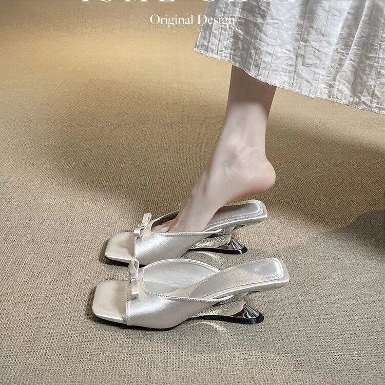 蝴蝶结一字拖女夏外穿绸缎露趾凉鞋方头异形跟坡跟高跟鞋凉拖鞋潮